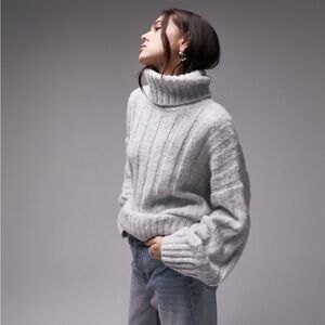 Topshop knitted roll neck wide rib sweater in gray